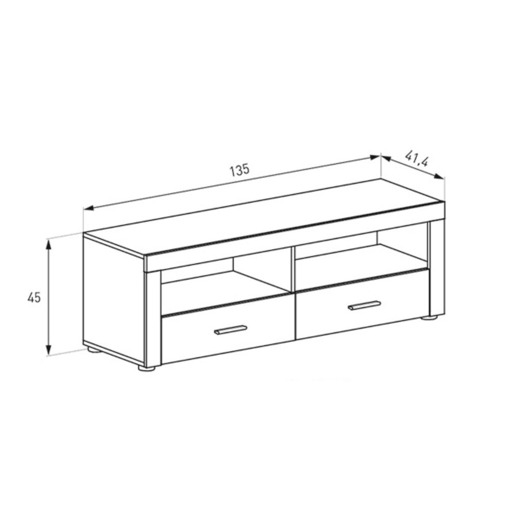 Mueble TV, Mesa de televisión 2 Puertas y 2 Estantes, Acabado en Cañon, Patas de Madera,135 cm Lar x 45 cm Al x 41,4 cm Fon