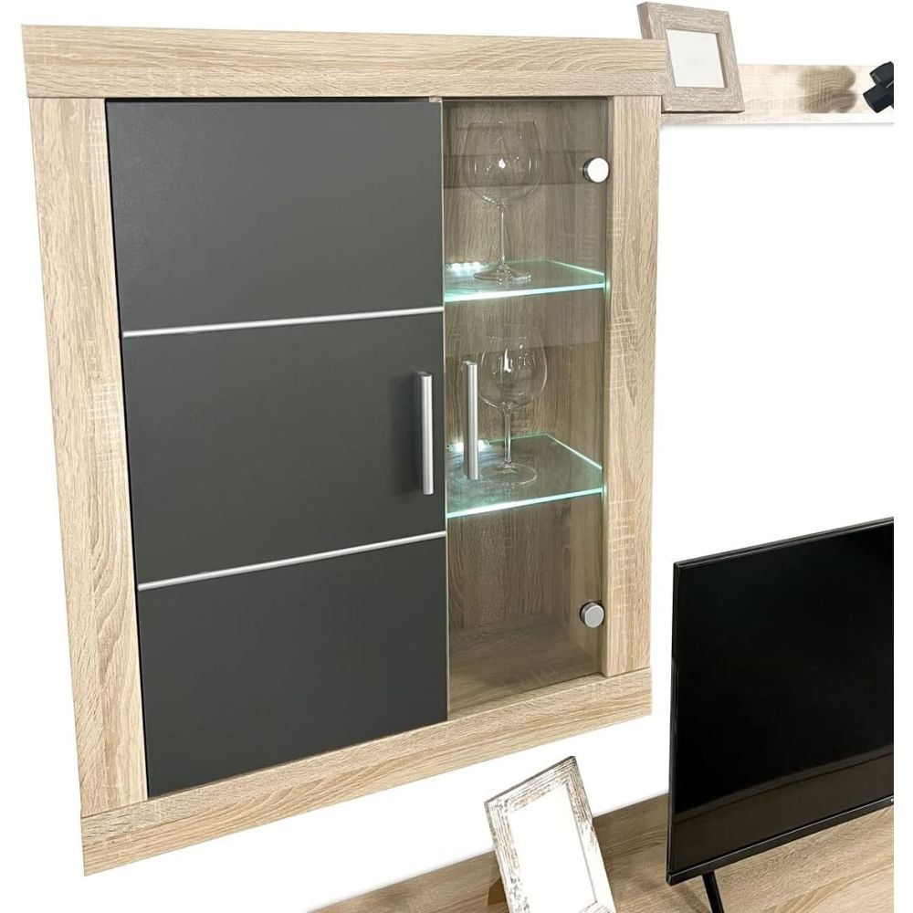 Meyvaser Mueble de salón y TV Moderno con Leds Color Cambria y Grafito Módulo de Comedor 259 Cm