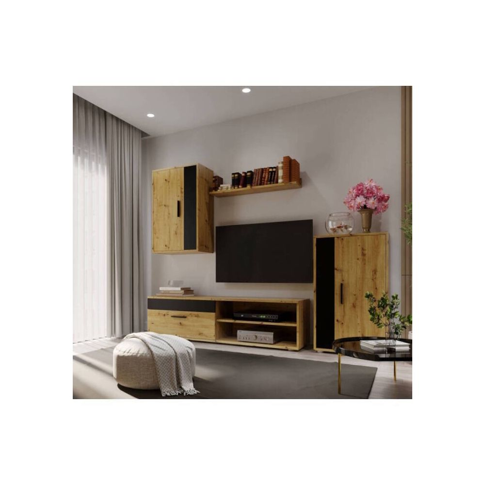 Mueble de Salón Modular Completo| Mueble para Televisión | Color Roble Nudoso y Negro