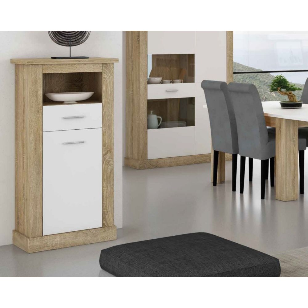 Mueble de Comedor, Mueble Salón, Acabado en Blanco y Cambria, Medidas: 297 cm (Ancho) x 201,6 cm (Alto) x 41,8 cm (Fondo)