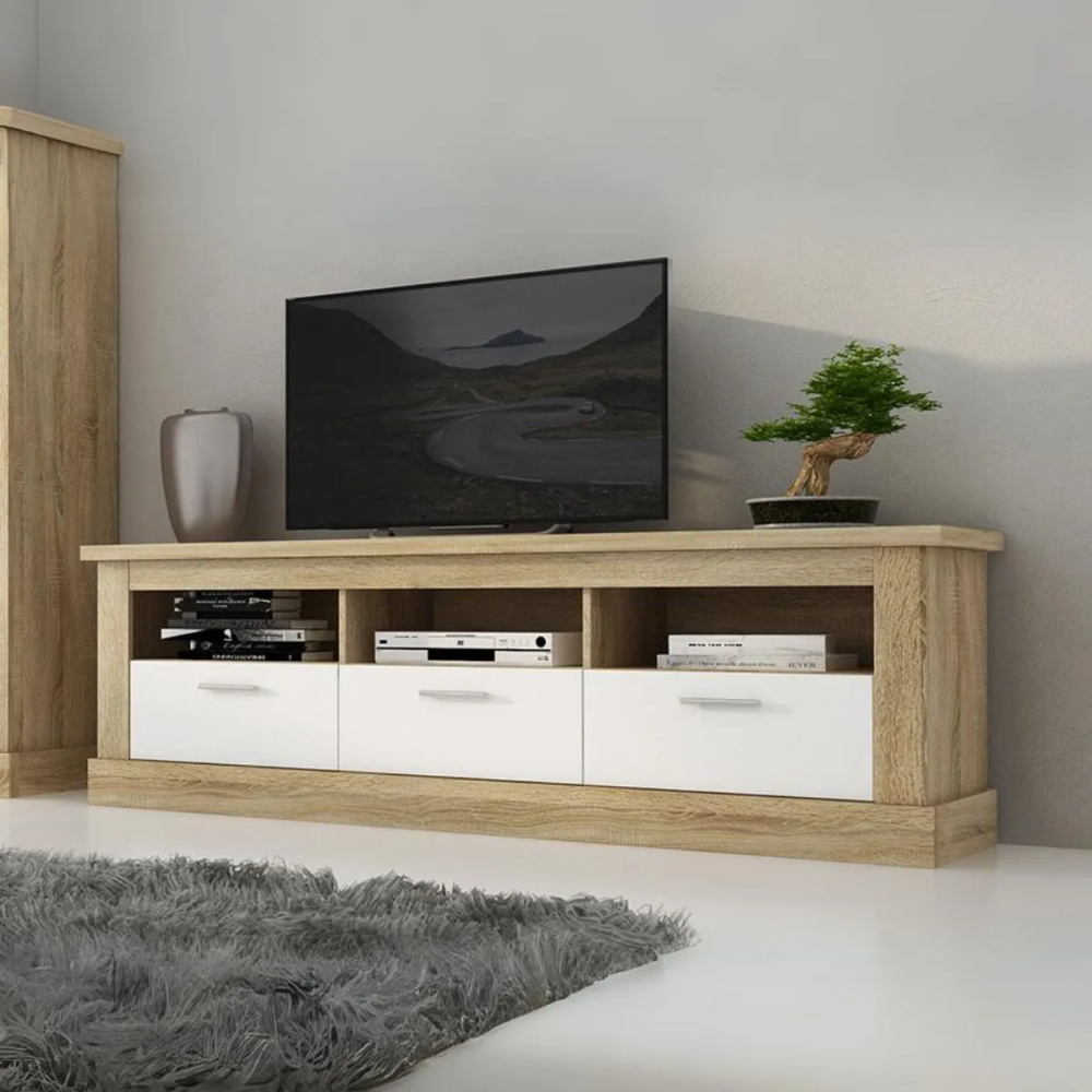 Mueble de Comedor, Mueble Salón, Acabado en Blanco y Cambria, Medidas: 305 cm (Ancho) x 174,7 cm (Alto) x 41,8 cm (Fondo)
