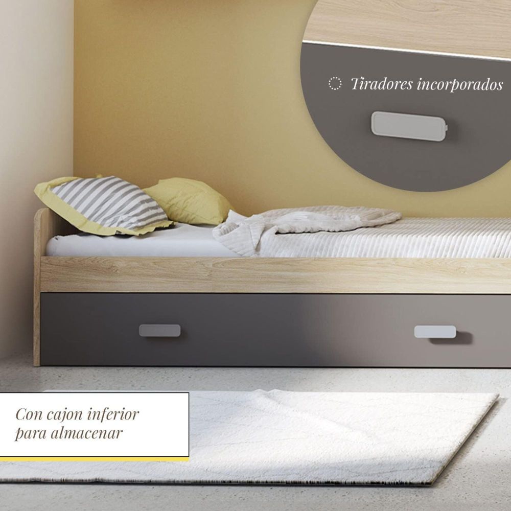 Cama Nido de Melamina Color Puccini Grafito – Ancho 194,4 cm x Fondo 98 cm x Alto 58 cm, Ideal para Habitaciones Juveniles.