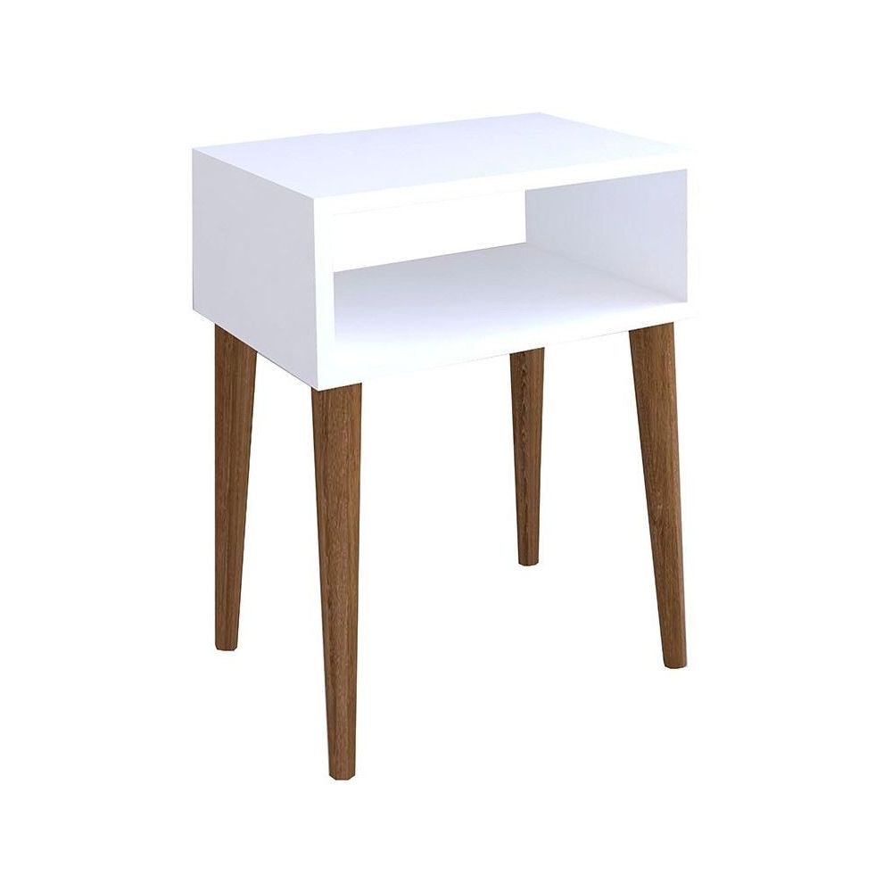 Mesita de Noche Blanca con Cajón y Patas de Madera - ¡Tamaño Ideal!