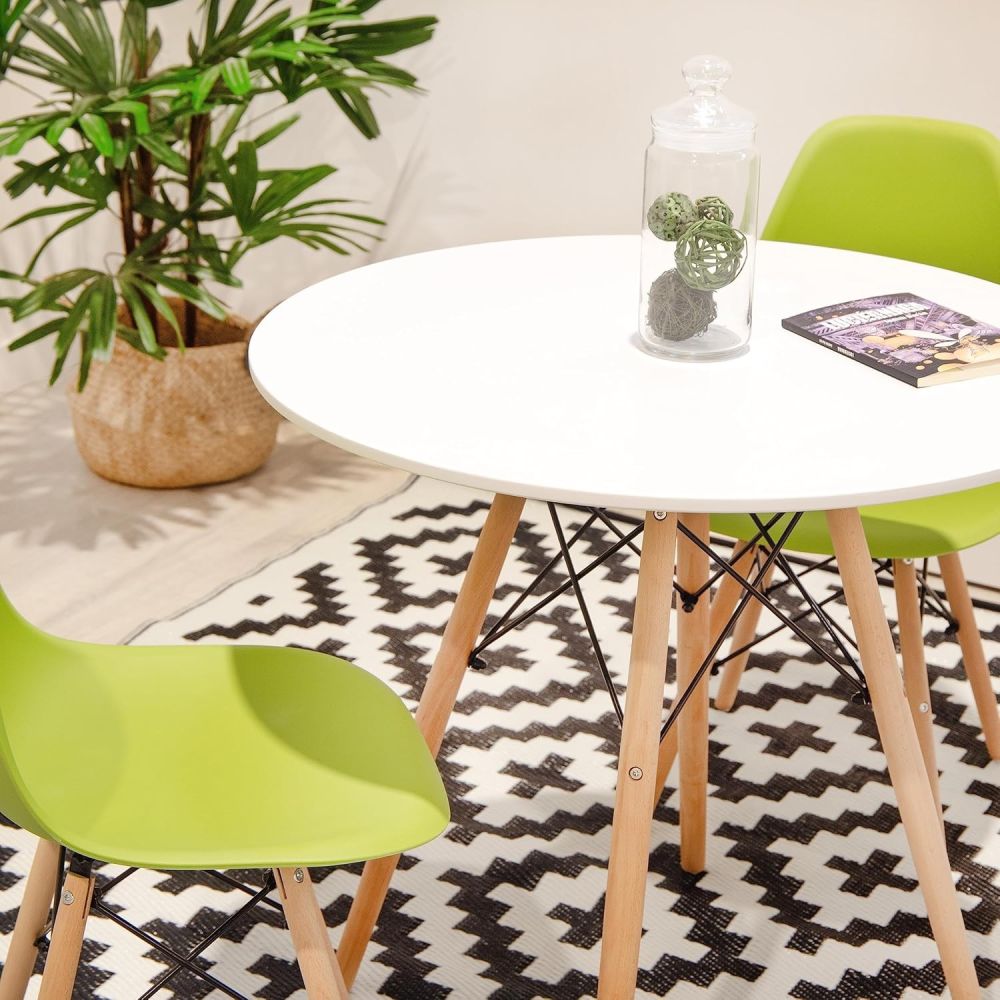 Mesa Redonda de Comedor o Cocina en Patas de Madera y Tapa Blanca – 80 cm de Diámetro y 75 cm de Alto.