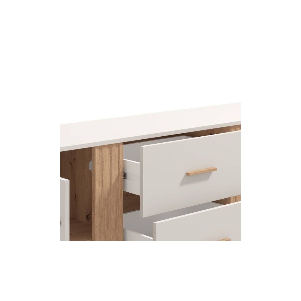 Aparador en Melamina Cashmere y Roble Artisan con Puertas, Mueble de Almacenaje - Medidas 163,5x40x90,5 cm