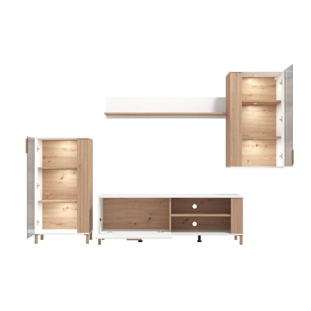 Composición de Salón en Roble Artisan y Blanco con Tiradores y Patas en Color Roble- Medidas 263x40x170 cm