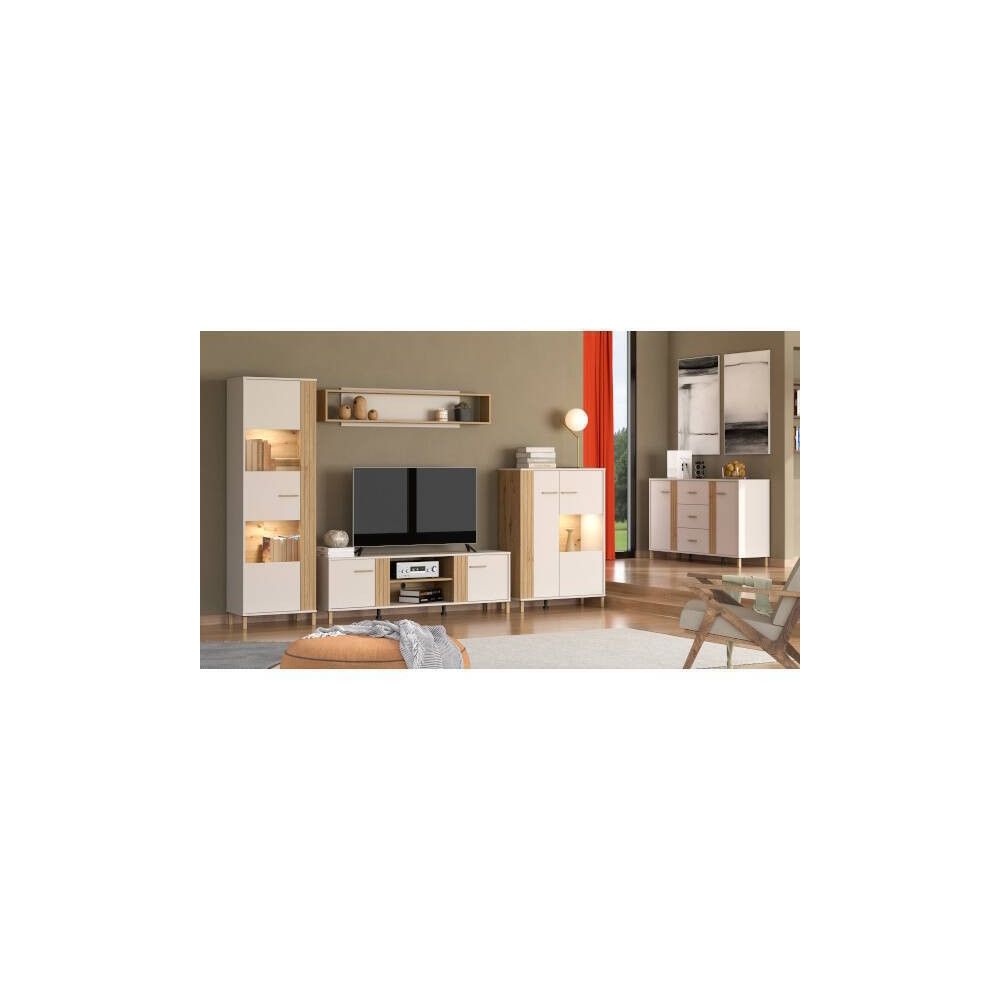 Mueble TV en Melamina Color Cashmere y Roble Artisan con 2 Puertas - Medidas 163,5x40x52 cm