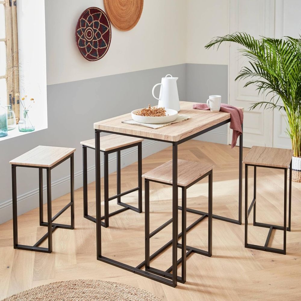 Conjunto de Mesa y 4 Taburetes con Estructura Metálica, Tapa y Asientos en MDF Roble - Mesa 100x60x86 cm, Taburete 43x30x60 cm