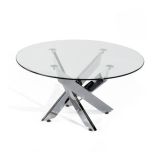 Mesa de Centro Redonda con Tapa de Cristal 8 mm y Patas Metálicas Cruzadas en Acabado Cromo - Mueble Moderno - Medidas 80x40 cm