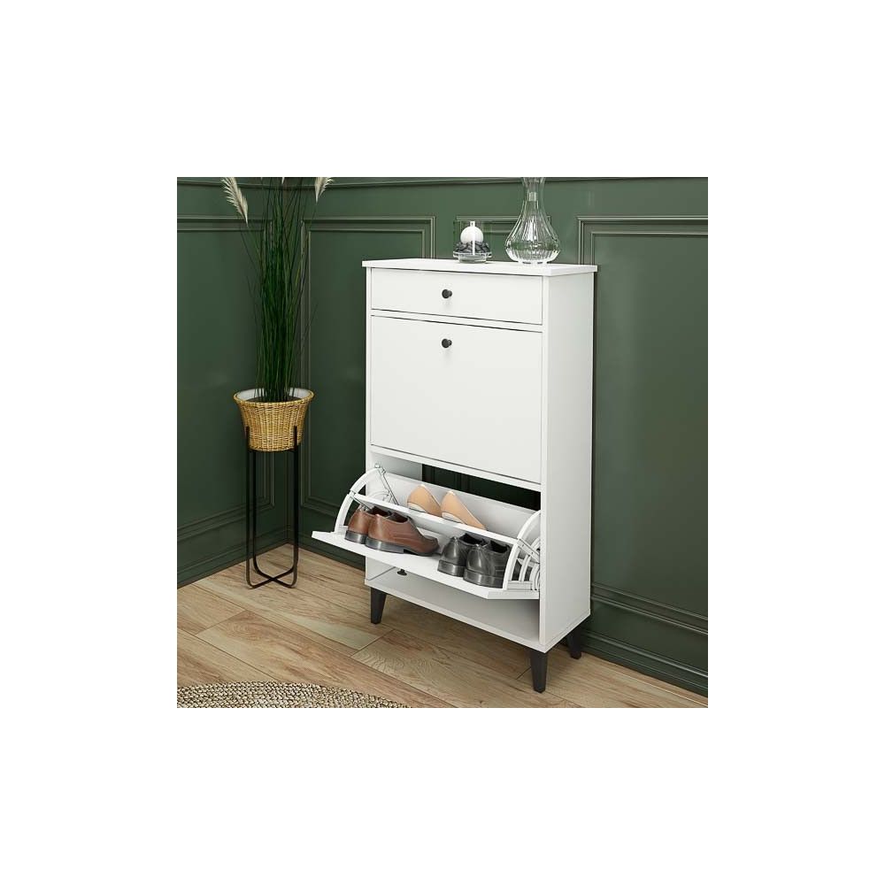 Mueble Zapatero Blanco con 2 Puertas y 1 Cajón | 61,1 x 110 x 25 cm