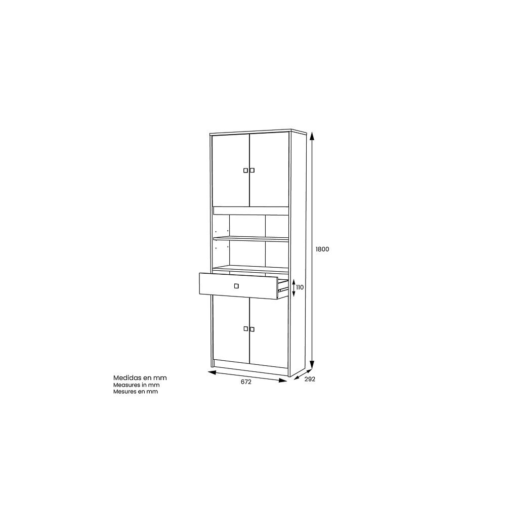 Armario Multiusos Tipo Buffet con 4 Puertas – Acabado Blanco y Roble – 180 x 67 x 29 cm (alto x ancho x fondo)