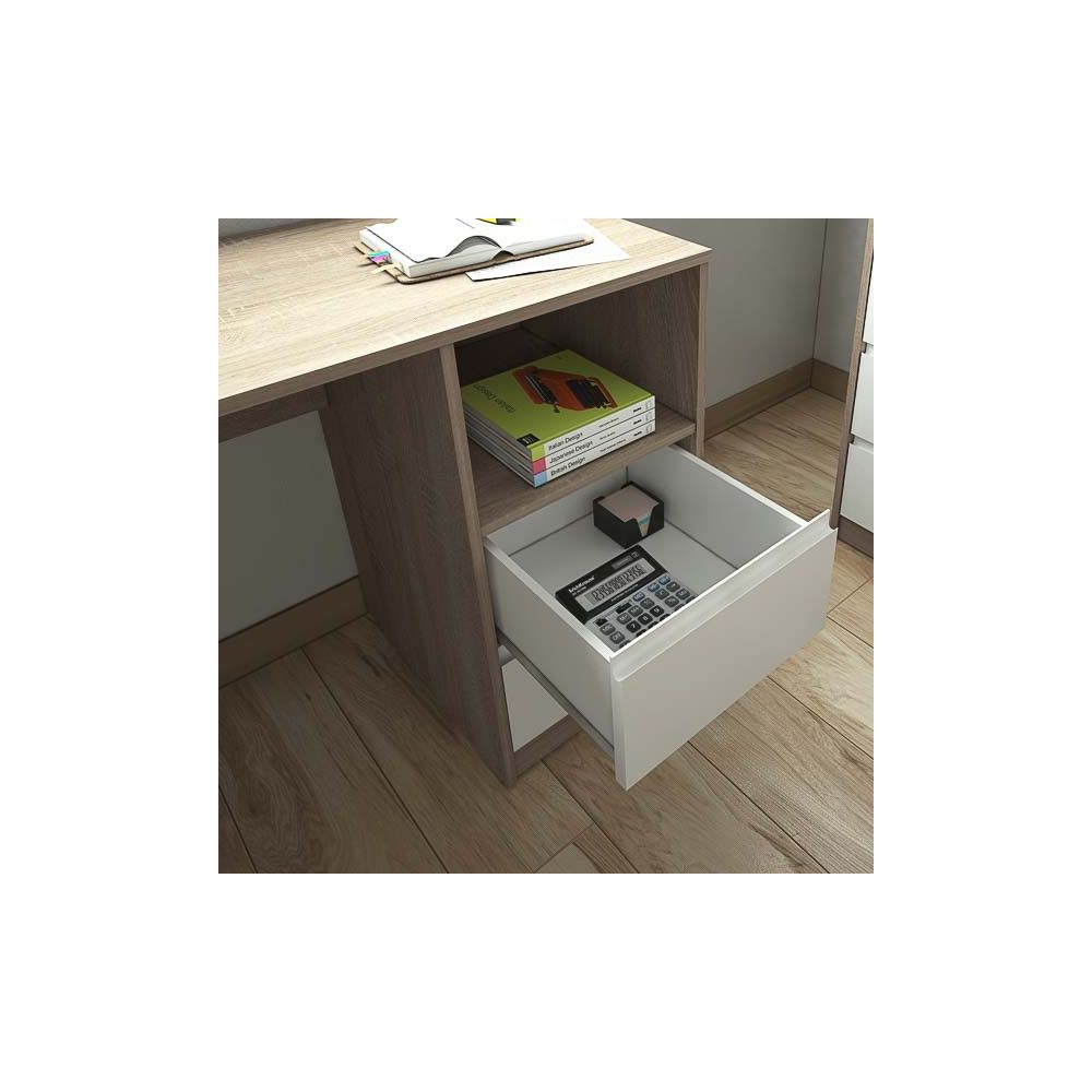 Escritorio de Oficina con 2 Cajones y 1 Estante, MDF Roble y Blanco, 120x50x75 cm - Moderno y Funcional
