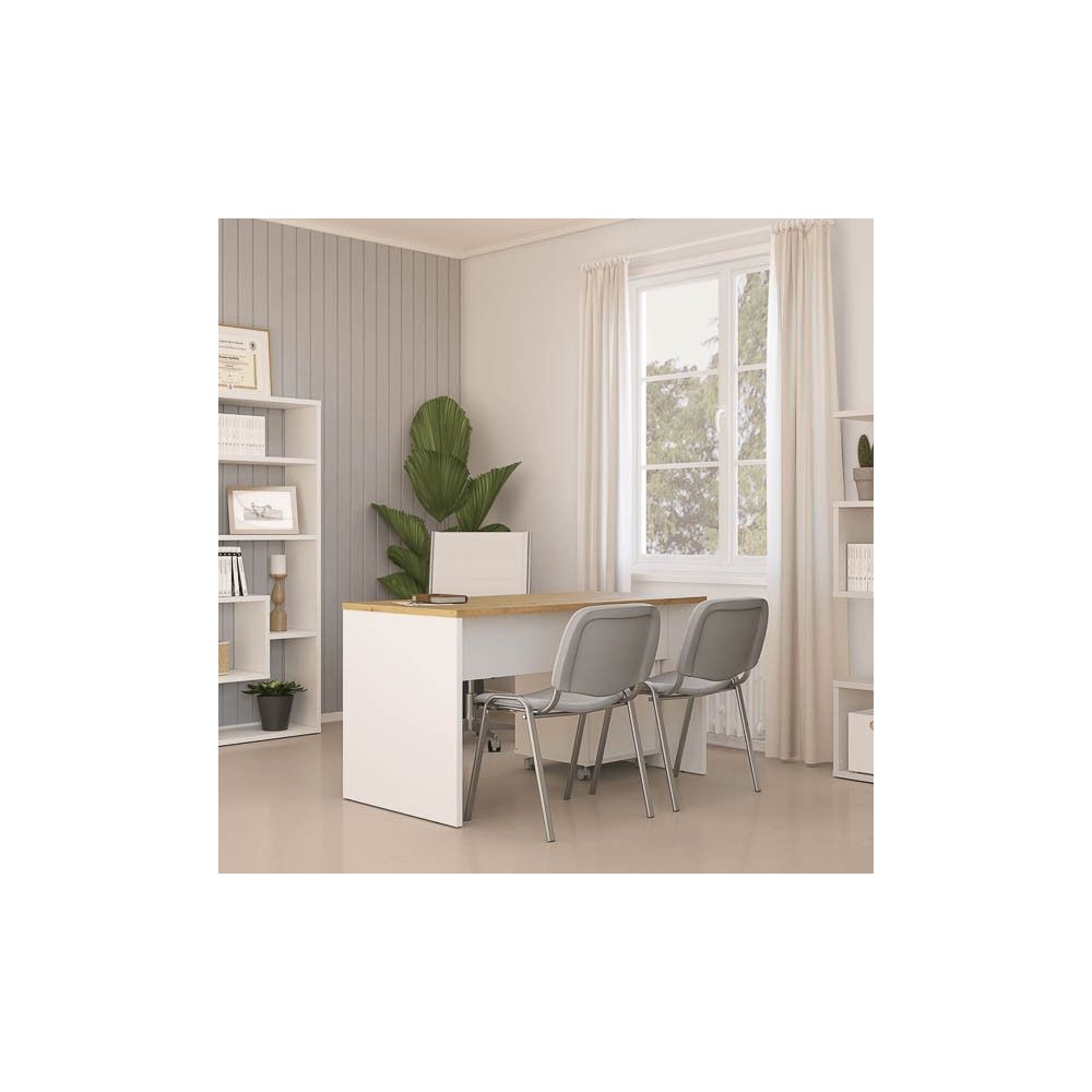 Mesa de Escritorio 138 Cm de ancho con patas de Madera Blanca y tapa Color Roble 67x75x138 Cm