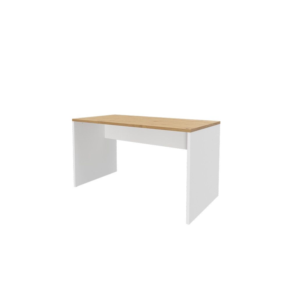 Mesa de Escritorio 138 Cm de ancho con patas de Madera Blanca y tapa Color Roble 67x75x138 Cm