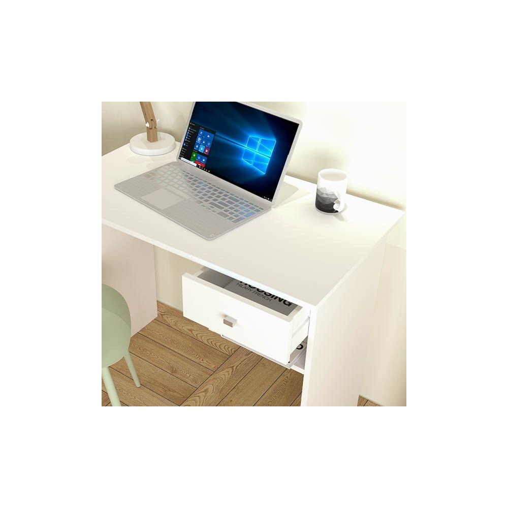 Mesa de Escritorio y Trabajo en Color Blanco, 90x50x74cm - Con Cajón y Estante para Oficina o Estudio