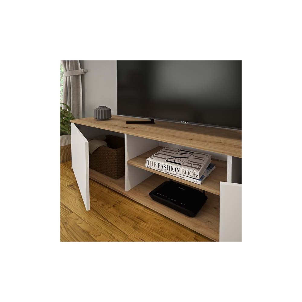 Mueble Salón Comedor 2 Módulos y 1 Estantería con puertas Color Blanco Y roble Estilo Moderno 180x80x40 Cm