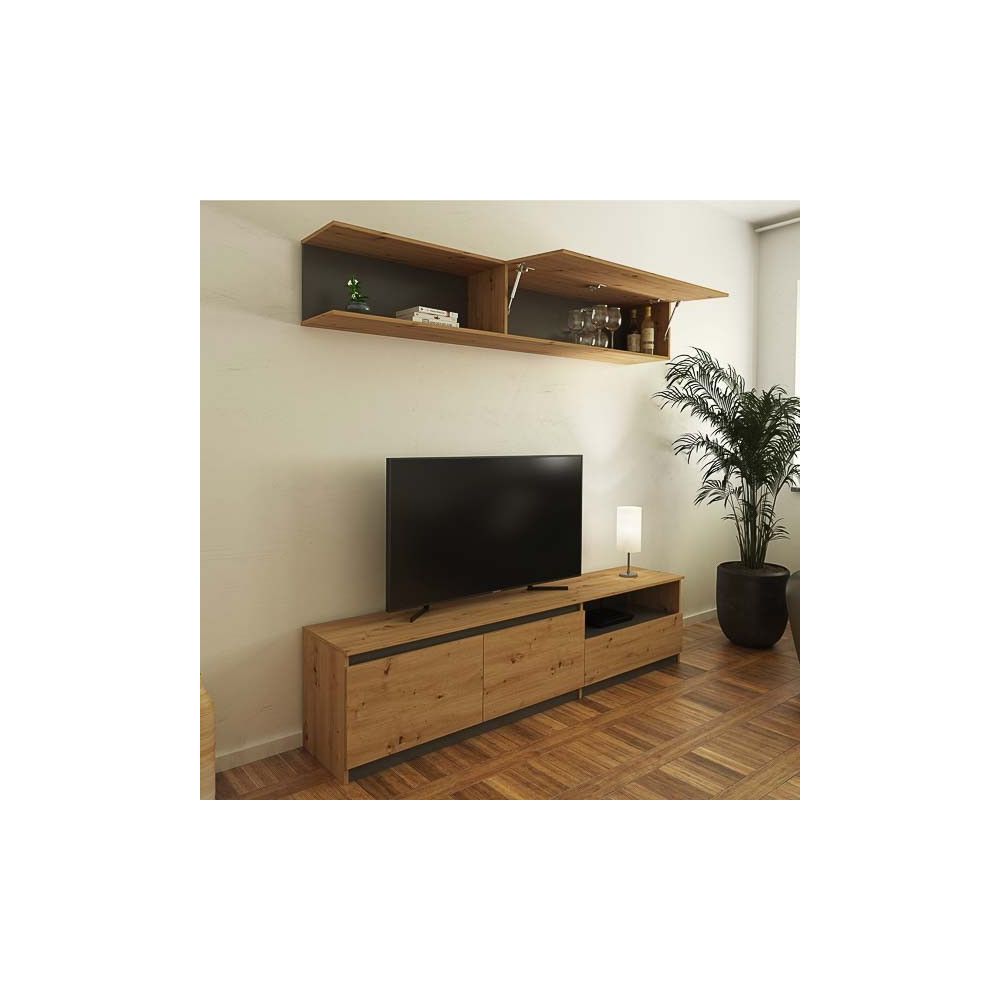 Mueble de TV de Diseño + Modulo Alto de Almacenamiento y 2 Puertas,Roble y Gris 85 cm(Alto) x 200cm (Ancho) x 40cm (Fondo)