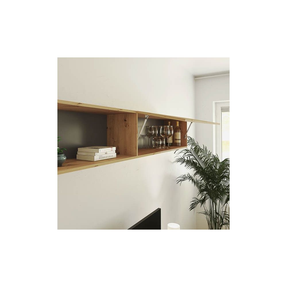 Mueble de TV de Diseño + Modulo Alto de Almacenamiento y 2 Puertas,Roble y Gris 85 cm(Alto) x 200cm (Ancho) x 40cm (Fondo)