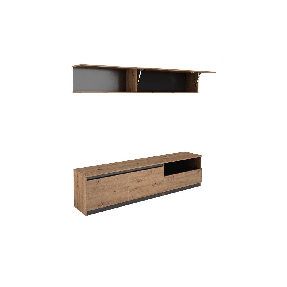 Mueble de TV de Diseño + Modulo Alto de Almacenamiento y 2 Puertas,Roble y Gris 85 cm(Alto) x 200cm (Ancho) x 40cm (Fondo)
