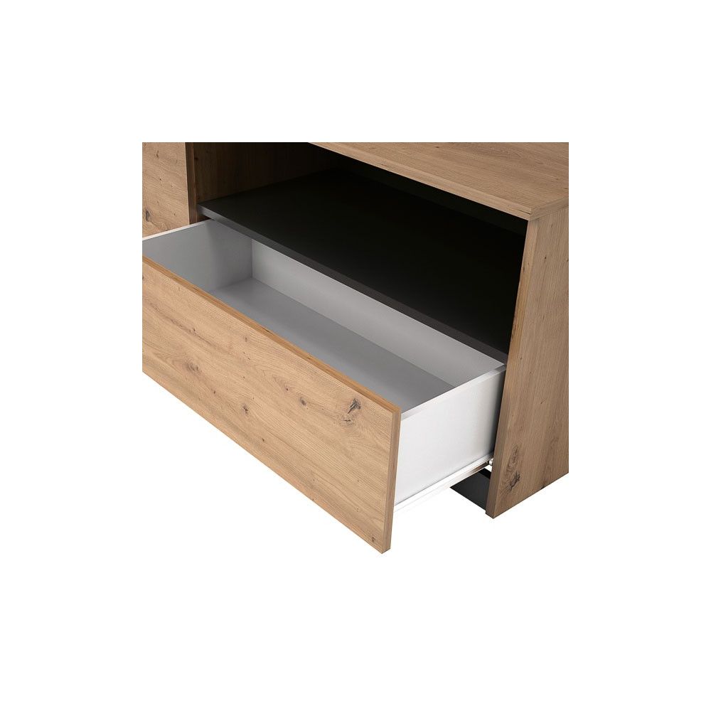 Mueble de TV de Diseño + Modulo Alto de Almacenamiento y 2 Puertas,Roble y Gris 85 cm(Alto) x 200cm (Ancho) x 40cm (Fondo)
