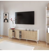Aparador, Mueble Tv, Salón Comedor 4 Puertas, Armario Auxiliar Color Blanco y Roble, Medidas: 180x63x33,5 Cm