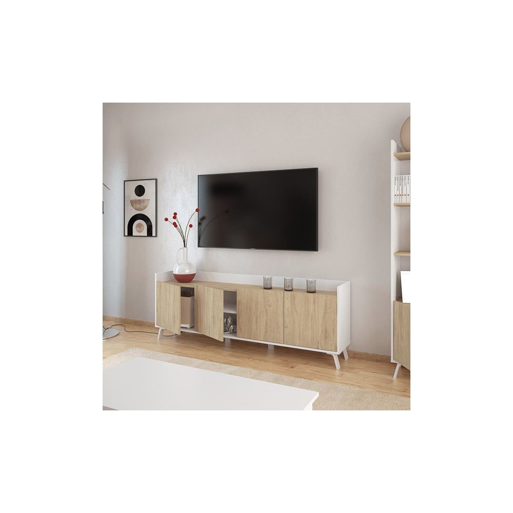Aparador, Mueble Tv, Salón Comedor 4 Puertas, Armario Auxiliar Color Blanco y Roble, Medidas: 180x63x33,5 Cm