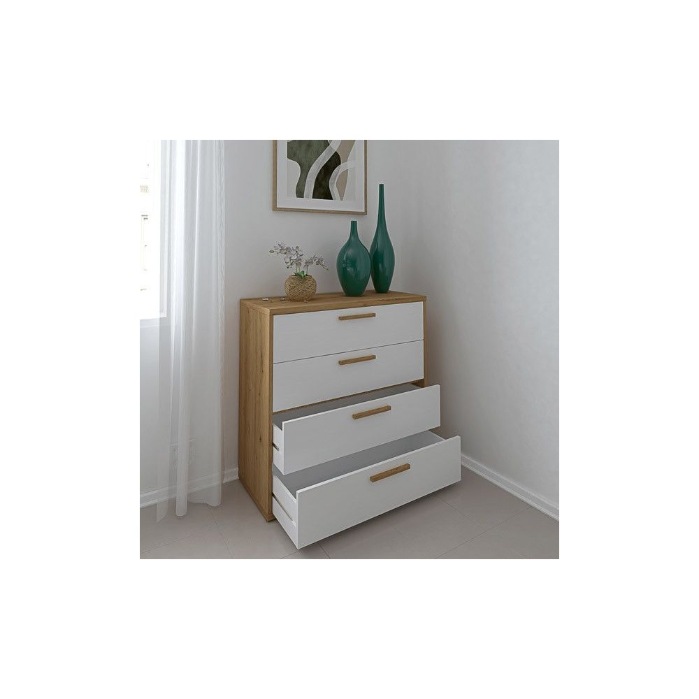 Cómoda con 4 Cajones, para Dormitorio, Acabado en Color Blanco y Roble, Medidas: 88 cm (Ancho) x 86 cm (Alto) x 48 cm (Fondo)