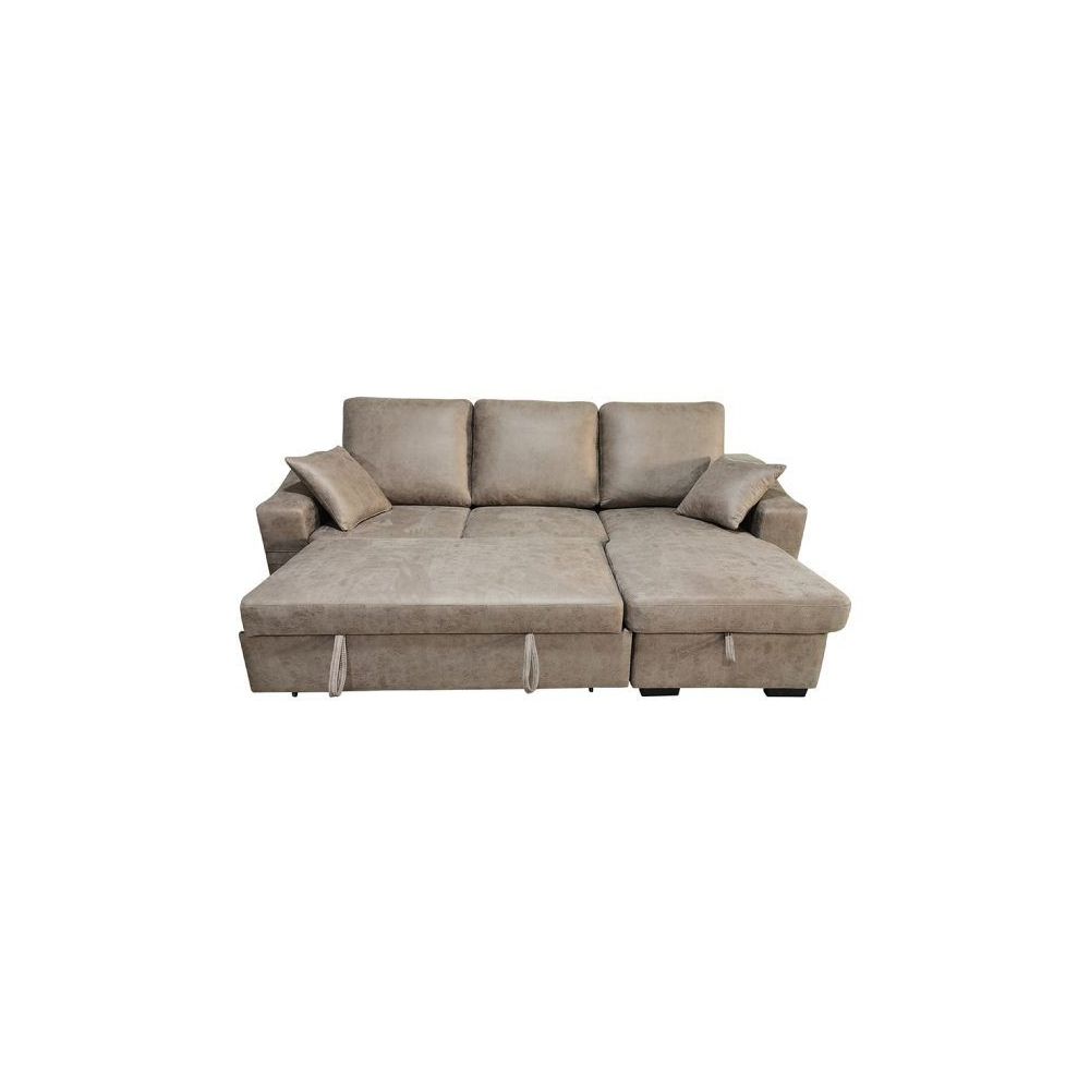 Sofá Cama 3 Plazas Reversible con Chaiselongue y Almacenaje, Tapizado en Tela Piedra, 229x93x153 cm
