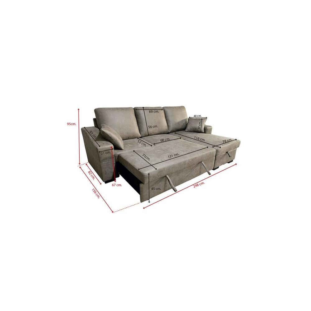 Sofá Cama 3 Plazas Reversible con Chaiselongue y Almacenaje, Tapizado en Tela Piedra, 229x93x153 cm