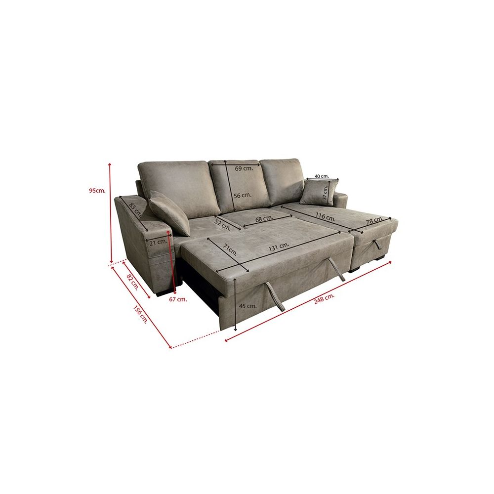 Sofá Cama 3 Plazas Reversible con Chaiselongue y Almacenaje, Tapizado en Tela Cemento, 229x93x153 cm