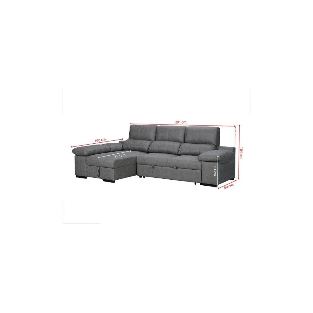 Sofá con Chaiselongue Reversible Color Cemento, Asientos Extensibles y Arcón, 291x160x104 cm, Tapizado en Tela
