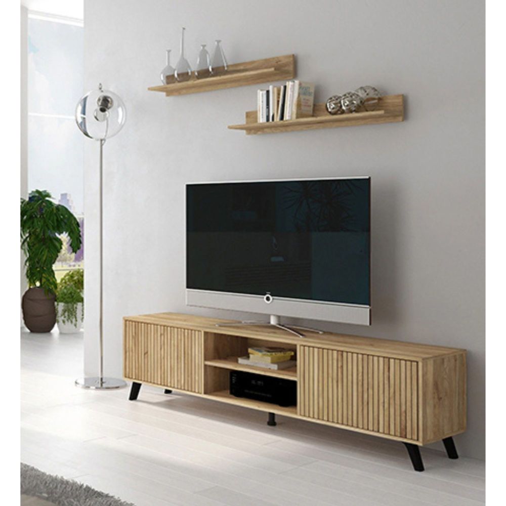 Conjunto de Salón Mueble Completo: Bajo TV, Mueble Bar, Estantería y Mueble Colgar - Estilo Mauvella Rayas.