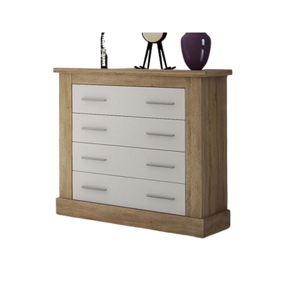 Cómoda 4 Cajones, Acabado en Blanco y Cambrian, Medidas: 91,5 cm (Ancho) x 90,8 cm (Alto) x 39,6 cm de (Fondo)