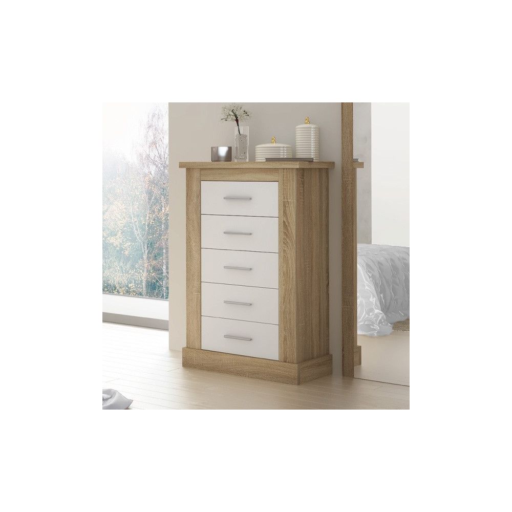 Pack Cabecero de 110 x 120 cm + 1 Mesita de Noche + Sinfonier, Color Cambria y Blanco (para Cama de 135-140 o 160)